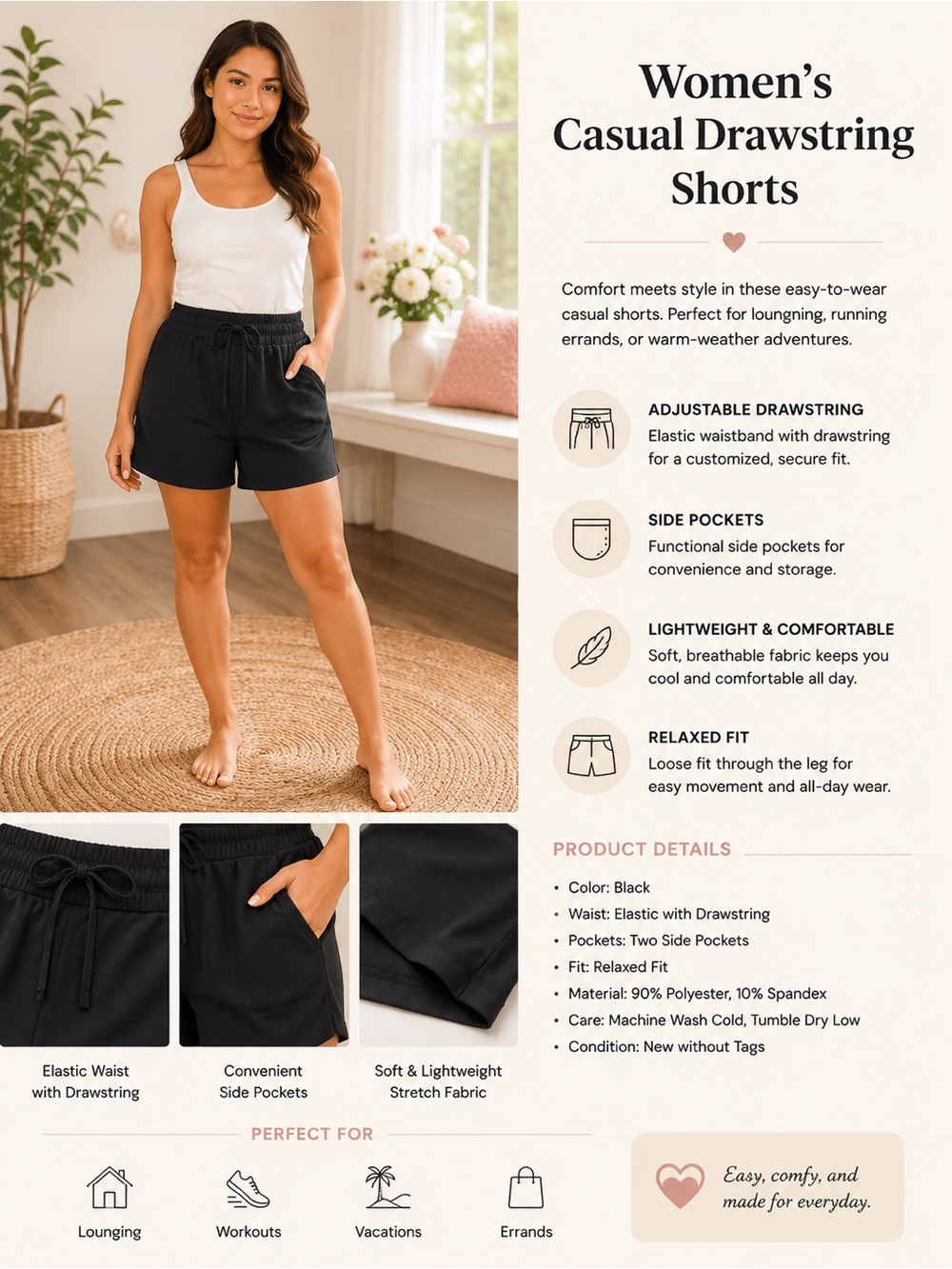 🩷. 8024. Women's Black Casual Drawstring Shorts - Comfortable Relaxed Fit